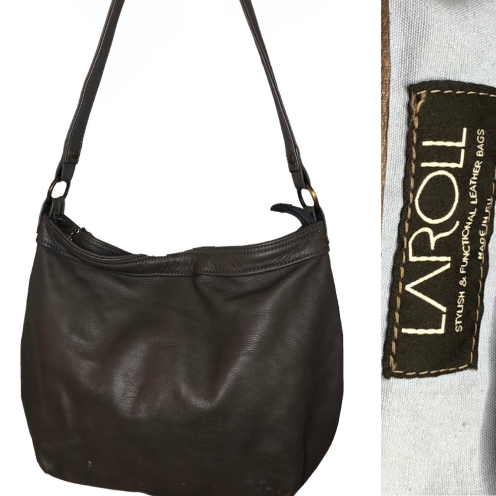 Laroll Large Gray Leather Handbag Shoulder Bag Purse Hobo Tote